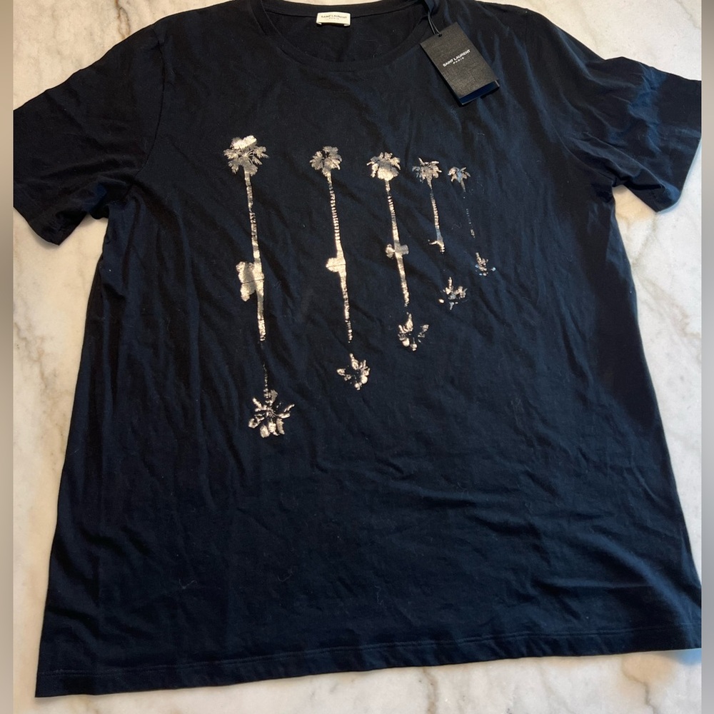 Saint Laurent 2019 Black Metallic Palm Tee XL NWT - Picture 2 of 11